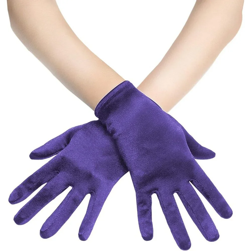Women's Short Purple Satin Silk Gloves Banquet Wedding Party Costume Accessories